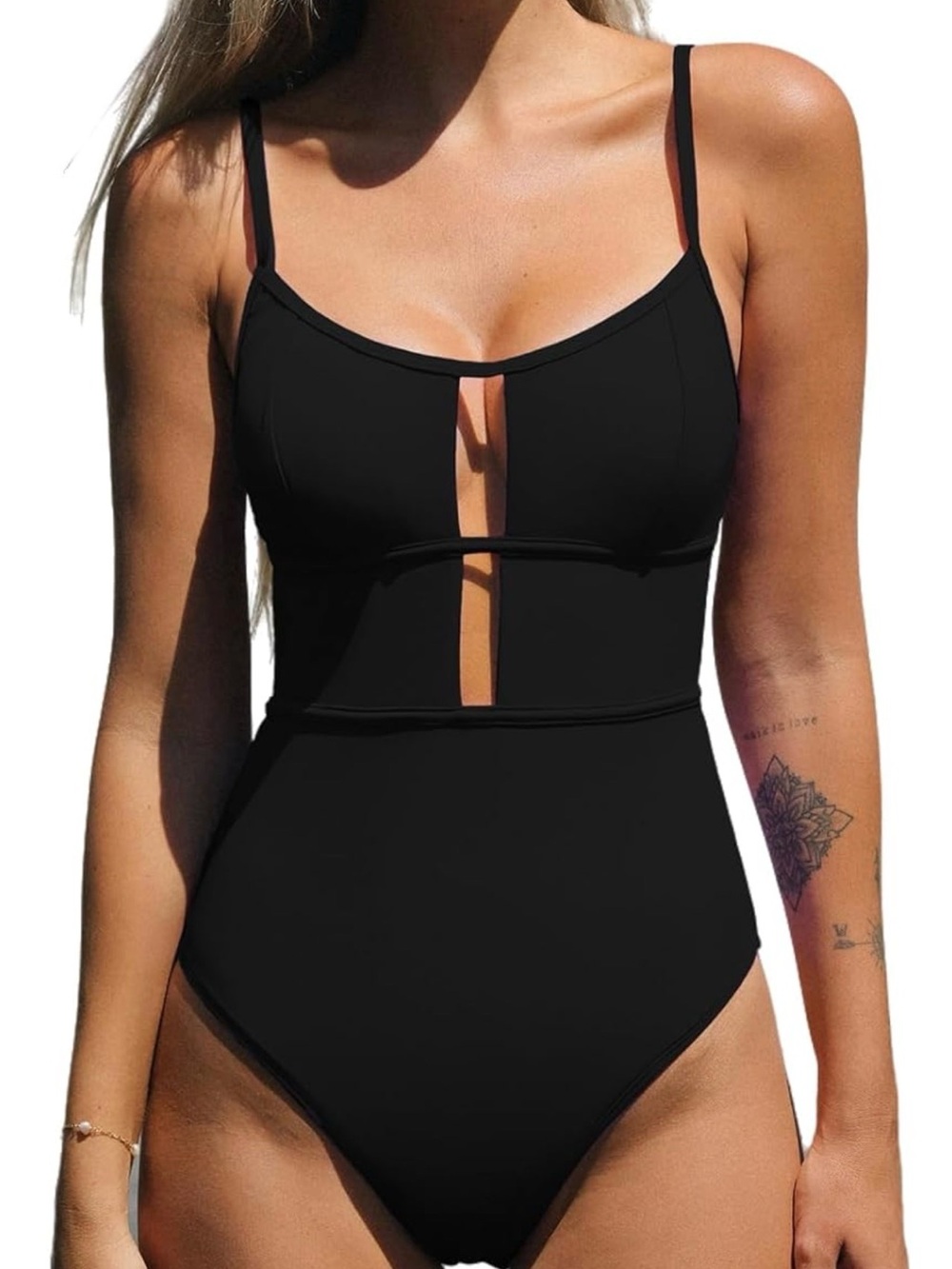 Cupshe Black One-Piece Swimsuit with Vertical Cutouts and Thin Straps